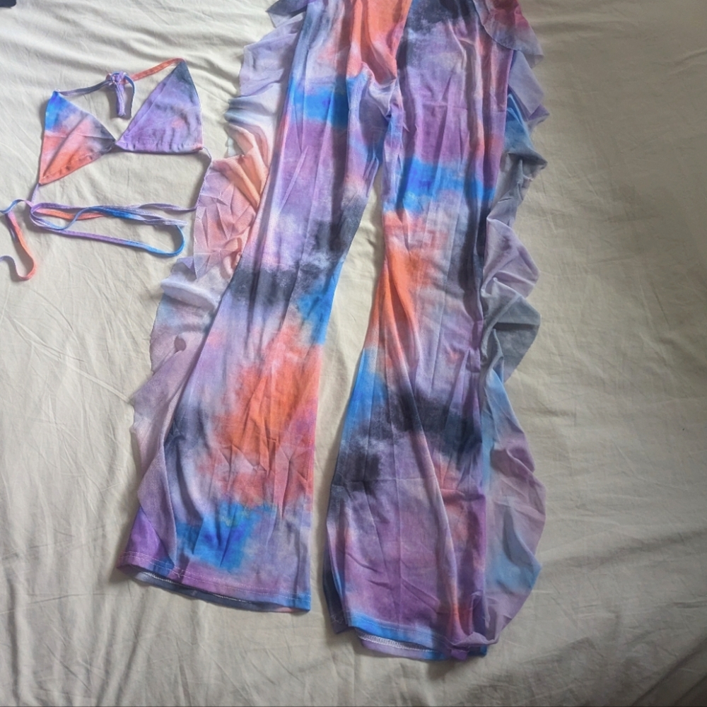 Colorful Rave Mesh Set with Ruffled Pants And Bikini Top